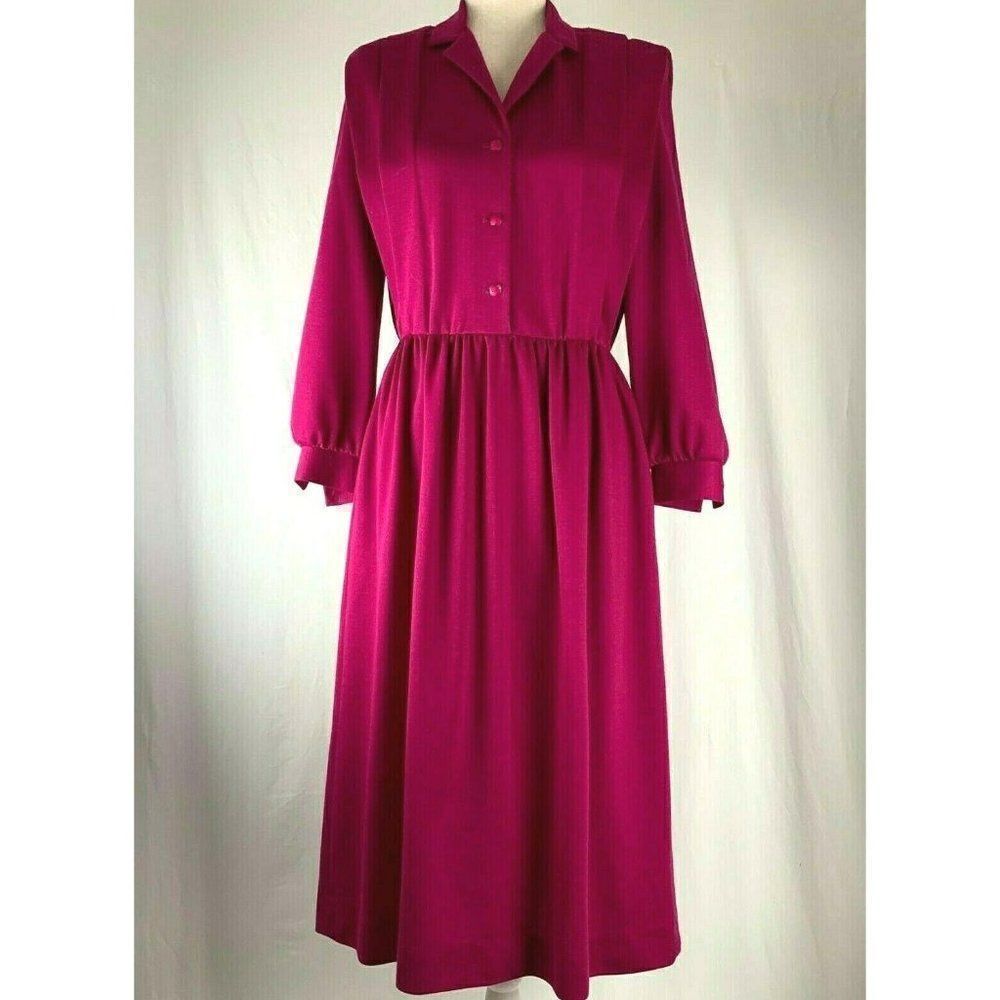 Vintage 80s Shirt Dress 8 Pink Elastic Waist Button Top Shoulder Pads Pockets - Picture 2 of 5